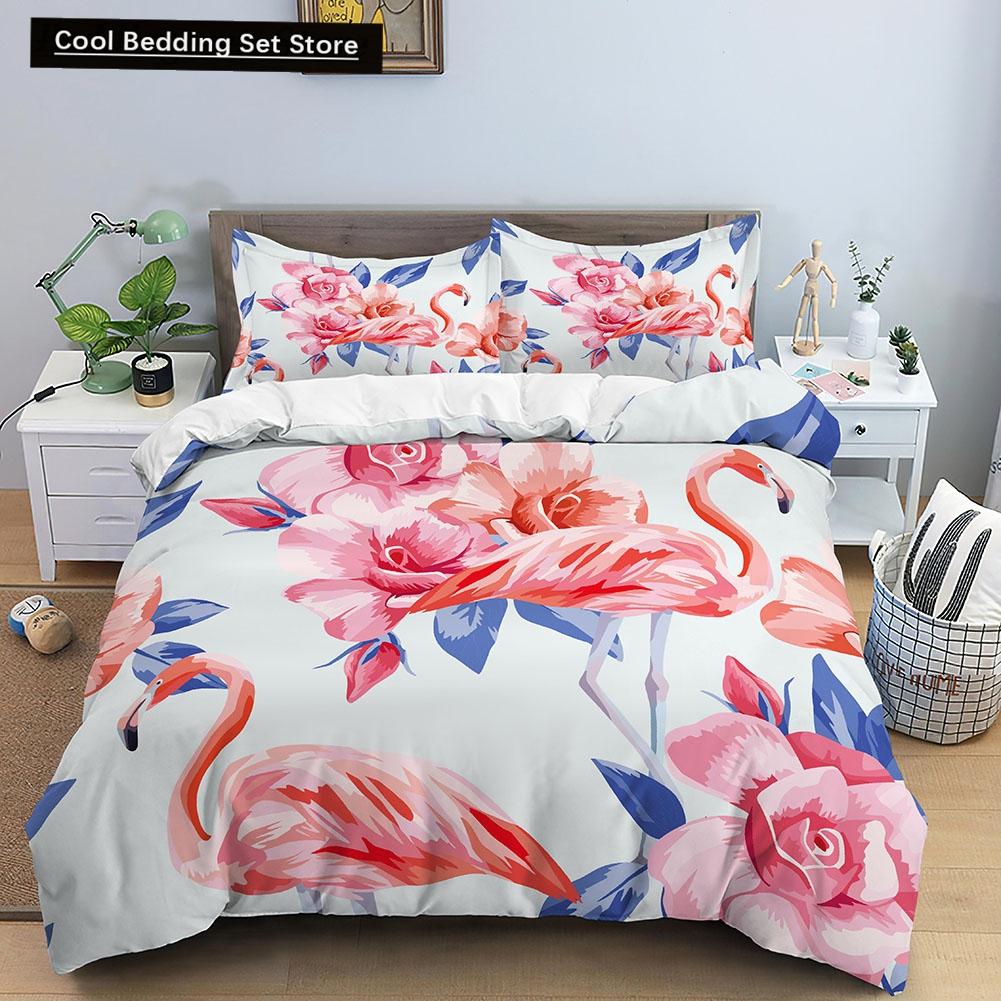 Пододеяльник с изображением животных фламинго King Queen, розовый, с тропическими птицами, комплект постельного белья для детей, подростков, взрослых, синий, мягкий, 2/3 шт., пододеяльник