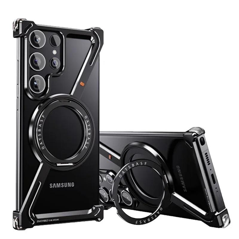 Luxury Z Shape Aluminum Alloy Rimless Magnetic Phone Case For Samsung Galaxy S25 S24 Ultra Plus Metal Stand Magsafe Bumper Shockproof Cover