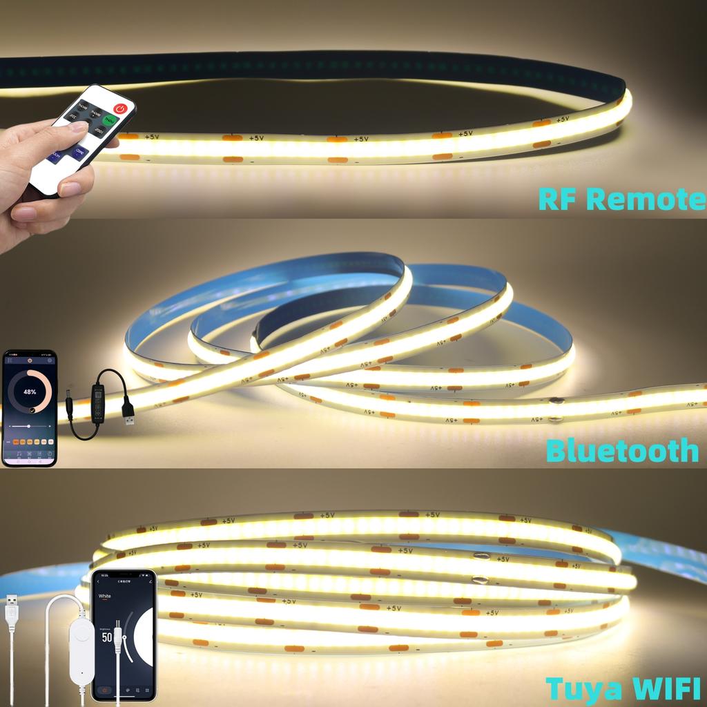 Smart WiFi Bluetooth COB LED Strip Light 5V USB Dimmable 3000K 4000K 6000K White Cabinet Lighting With Remote Control