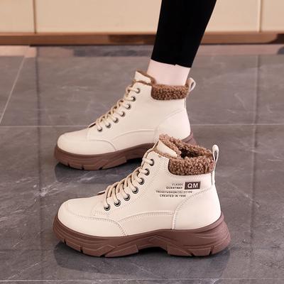 Модные женские хлопковые ботинки 2024 Зима Новые Женские Плюшевые Теплые Студенческие Ботильоны на Высокой Подошве на Шнуровке с Увеличением Высоты