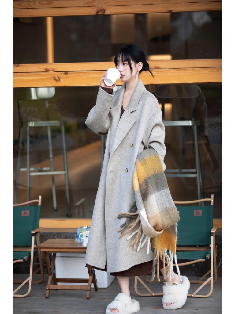 Korean Style Women's Long-Haired Double-Faced Wool Cashmere Cocoon Coat