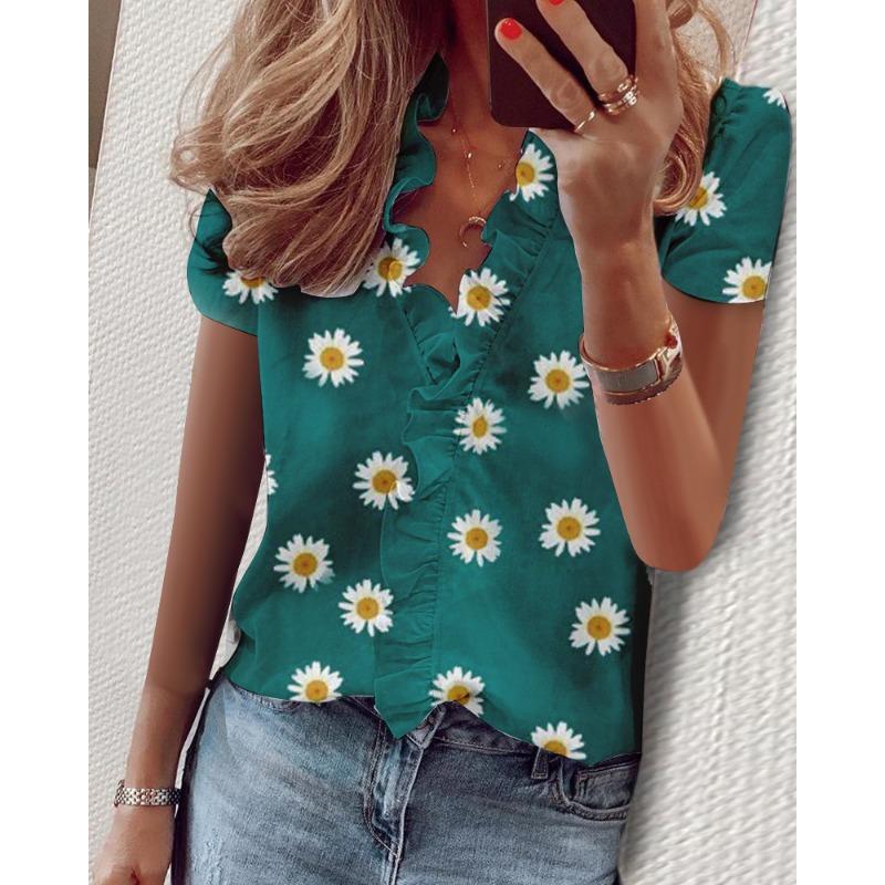 YYFS Women's Fashion Casual Summer Spring Solid Color Print Short Sleeve V-Neck Blouses & Shirts