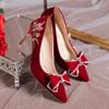 Women's Wedding Shoes New Rhinestone Bow Red Bride High-heeled Female Pointed Toe Slip-on Pumps Nude Shoes