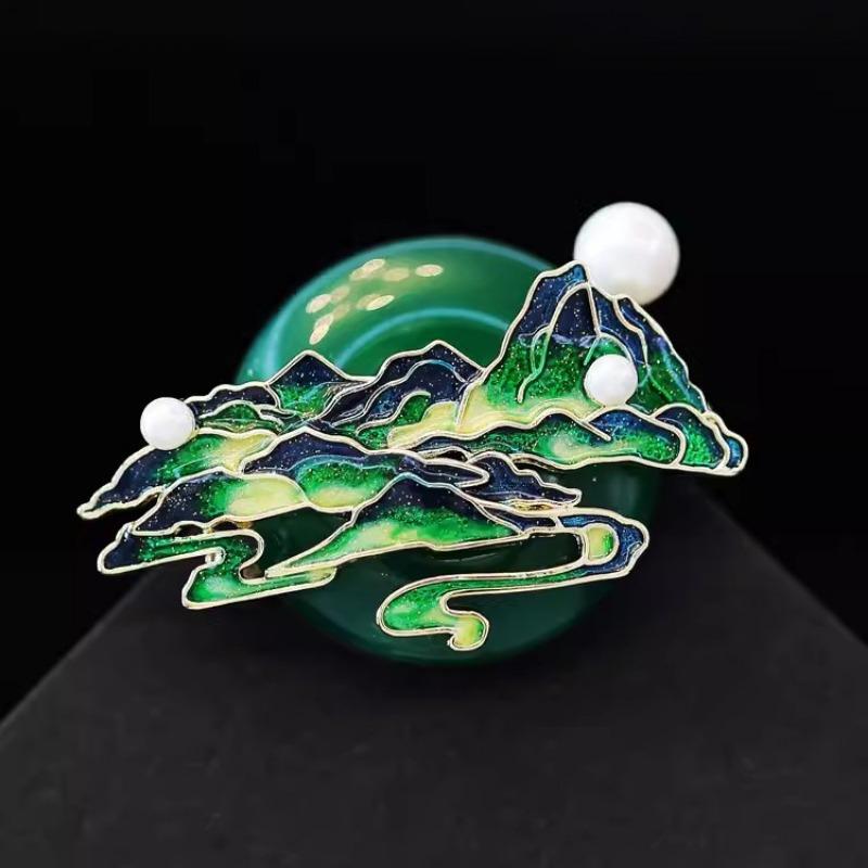 Green Mountain and River Brooch, High-end Women's Exquisite Pearl River and River Corsage, Niche Design Sense Brooch