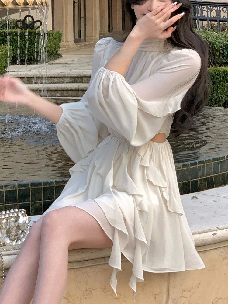 Летнее пляжное праздничное длинное платье Y2k с оборками, винтажное офисное женское повседневное элегантное праздничное платье с длинными рукавами, корейская одежда