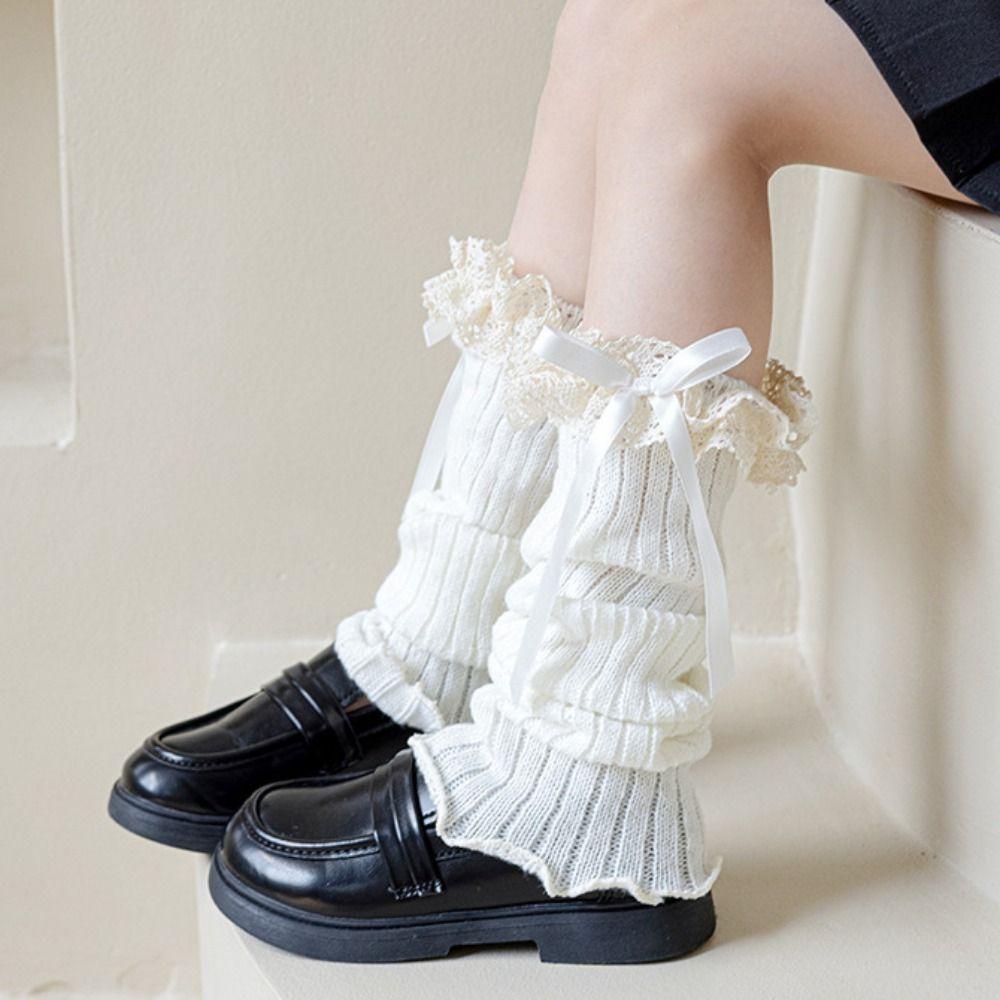 Solid Color Bow Ribbon Leg Warmers Long Stockings Knitted Foot Cover Children's Foot Warmer Winter