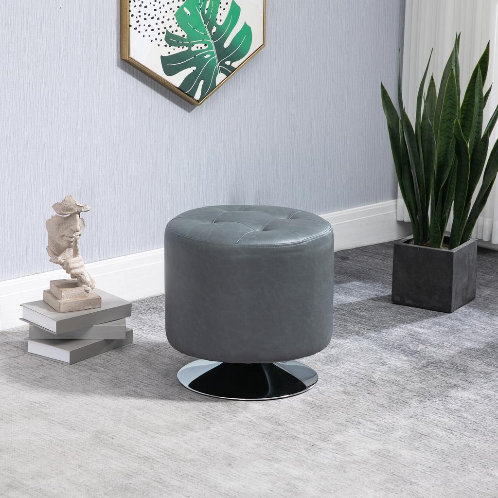 360 degrees Swivel Foot Stool Round PU Ottoman with Thick Sponge Padding and Solid Steel Base, Grey