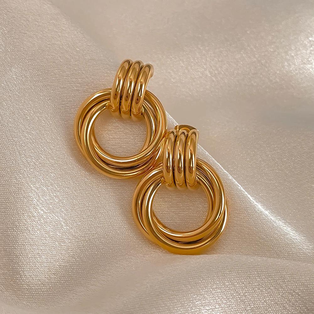 EManco Vintage Texture 18K Gold Plated Stainless Steel Hoop Earrings Women Geometric Circle Twist Fashion Jewelry