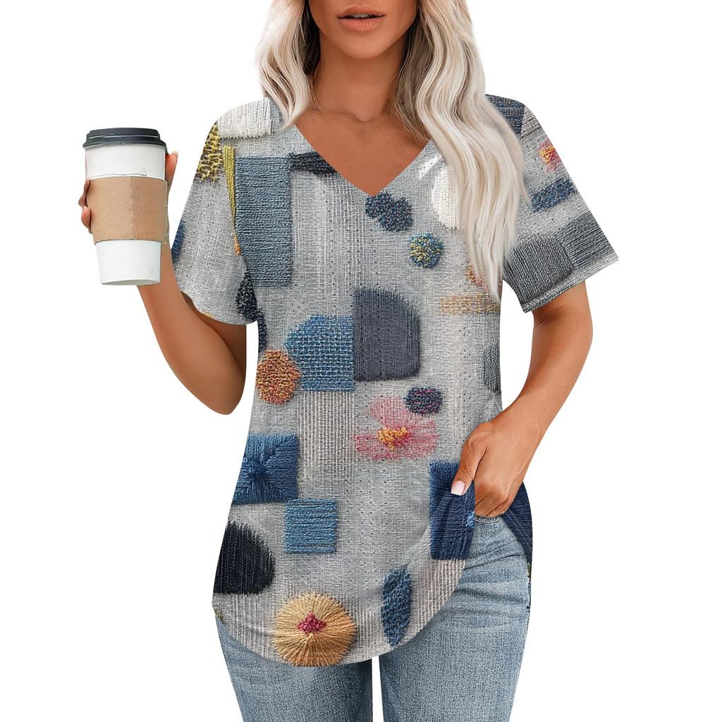 Womens T Shirts V Neck Short Sleeve Casual Tops Loose Fit Basic Tees With Curved Hem