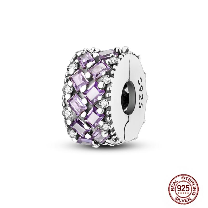 Round 925 Copper Clasp Pave Clip Charms Blue Star Moon Butterfly Slide Safety Chains Spacer Beads Fits Original Bracelet Zircon