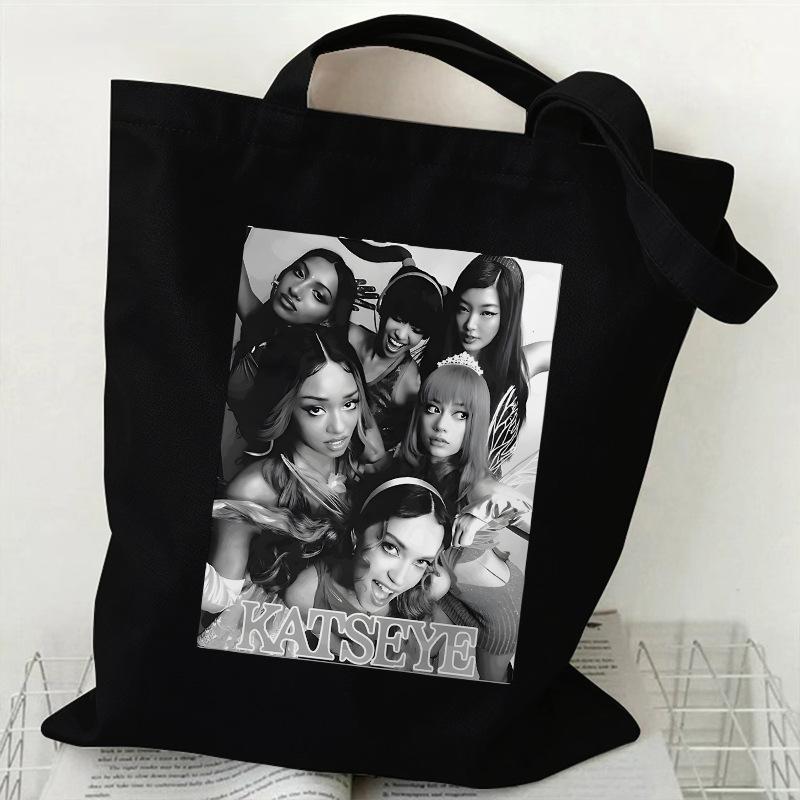 KATSEYE Merch Canvas Tote Bag Retro Black White Print Shoulder Bag Kpop Fan Gift 60123-3