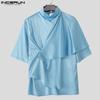 INCERUN Men Satnd Neck Short Sleeve Ireegular Layers Casual Satin T-shirts Tops