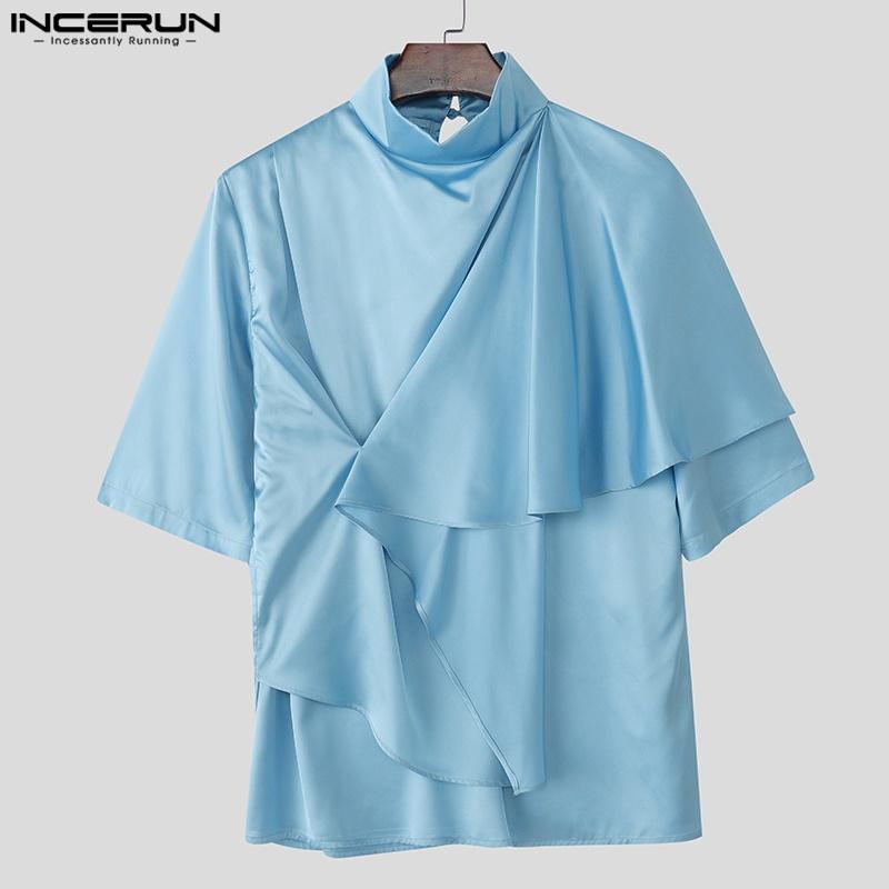 INCERUN Men Satnd Neck Short Sleeve Ireegular Layers Casual Satin T-shirts Tops