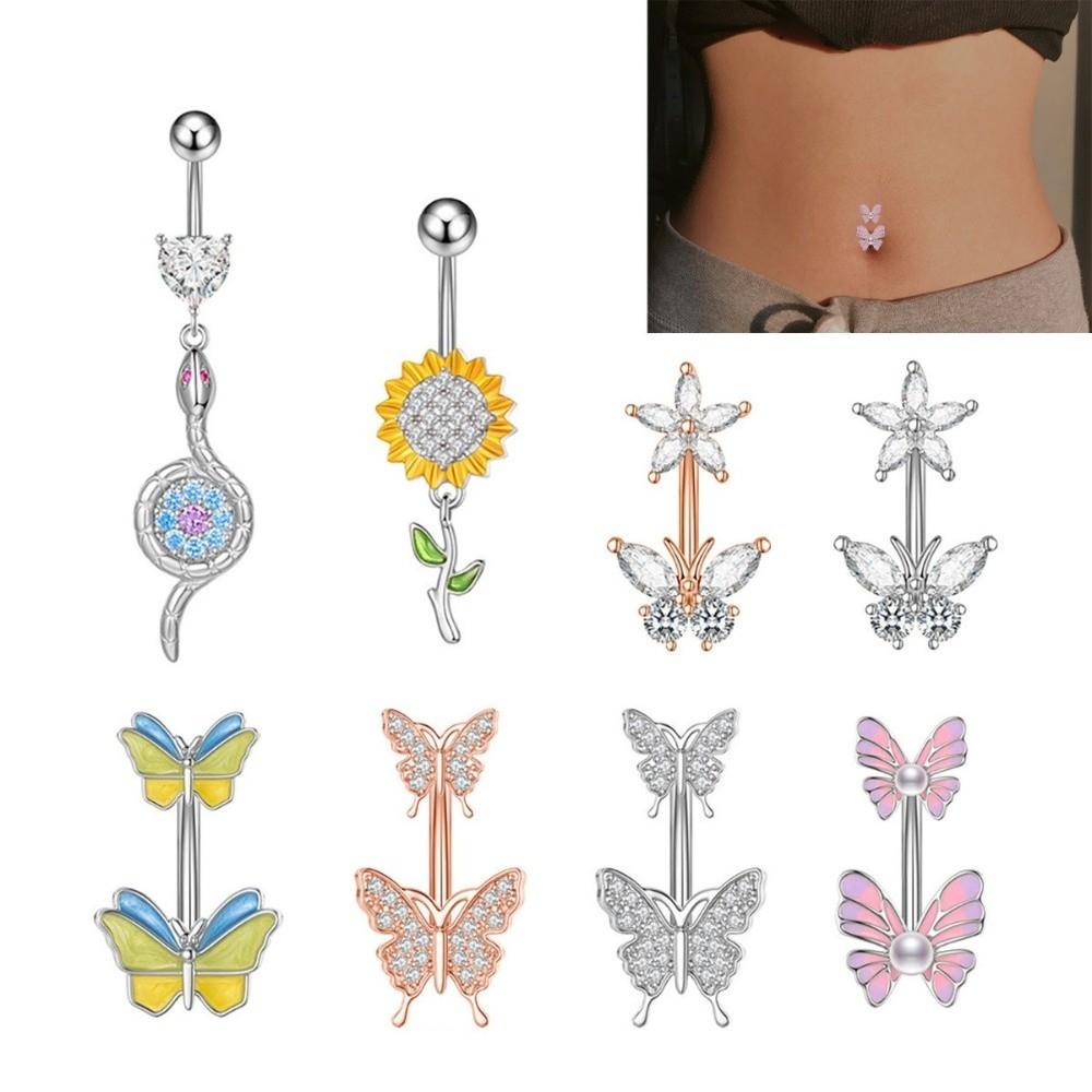 Sunflower Zircon Navel Ring Butterfly Heart Belly Button Ring Vintage Body Piercing Jewelry Girl