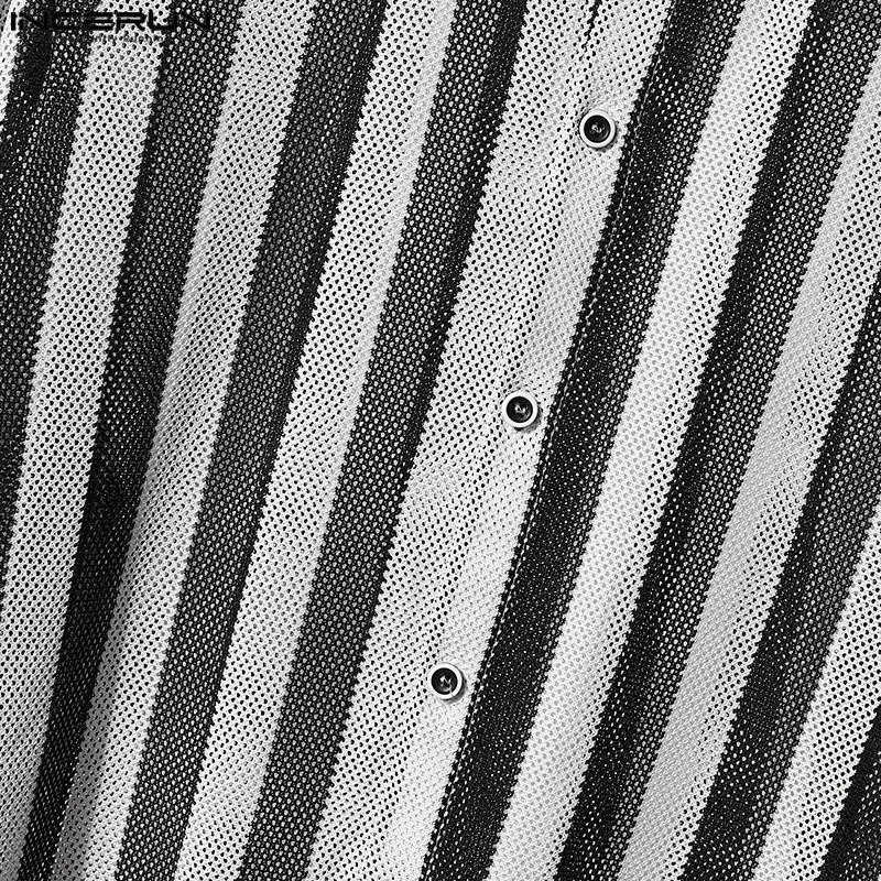 INCERUN Men Long Sleeve Lapel Neck Hollow Out Striped Print Casual Oversized Shirts Tops