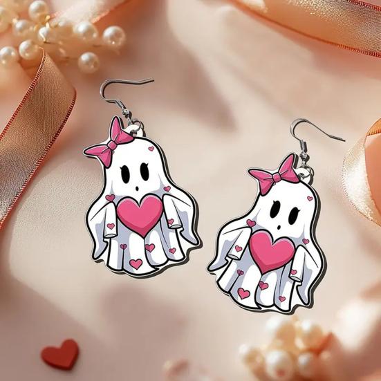 Holiday Themed Jewelry Pink Heart Ghost Earrings, Cute with Bow Drop Polished Edge Earrings Lightweight Acrylic Halloween for Girls