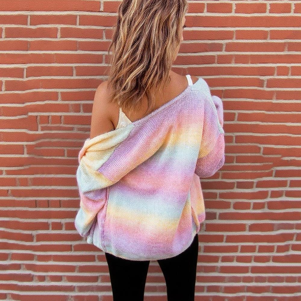 Autumn and Winter New Rainbow Patchwork Cardigan, Versatile and Fashionable Sweater, Knitted Coat, Top for Women