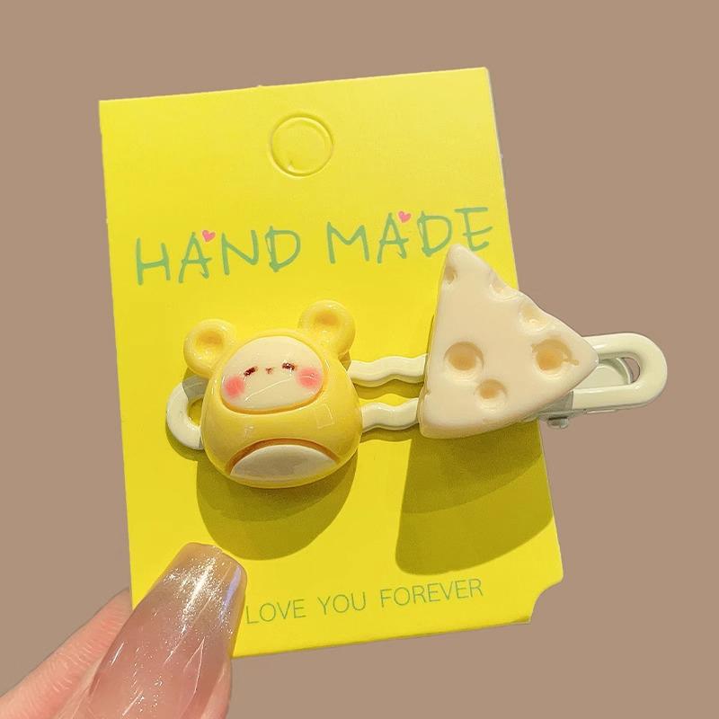 Мультяшная молочно-желтая заколка для волос с сыром и мышкой, женская милая и свежая универсальная челка на лбу для девочек, сломанная заколка для волос, головной убор