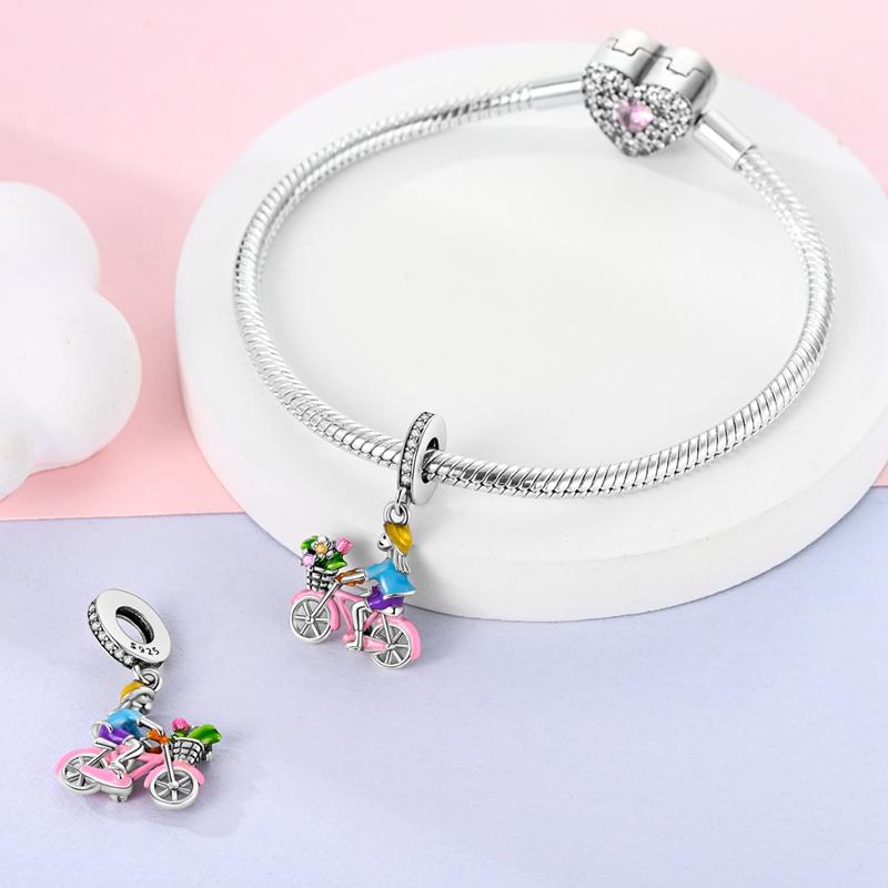 Bicycle Girl Flower Pendants Copper Original Beads Fit Original Charms Bracelet Beads Jewelry Gifts For Women
