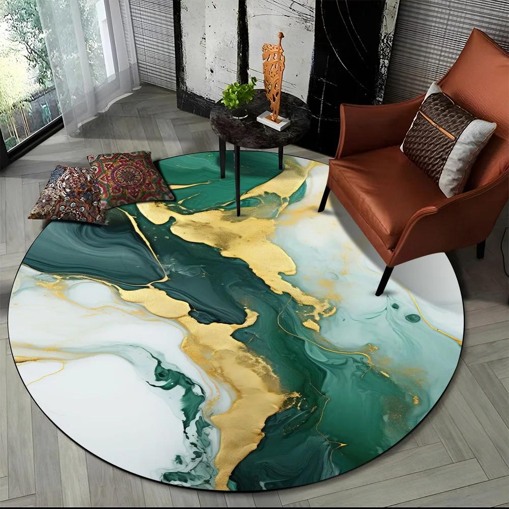 3D Luxurious Colour Marble Blue Green Gold Round Carpet Rug for Living Room Bedroom Child Chair Decor,Pet Area Rug Non-slip Mat