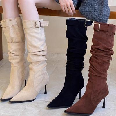 Ботинки на тонком каблуке с пряжкой Skinny Boots Год Старый Ретро Тонкий Каблук Дофаминовый Накопитель Увеличивающие Высоту Остроносые Ботинки Skinny Boots