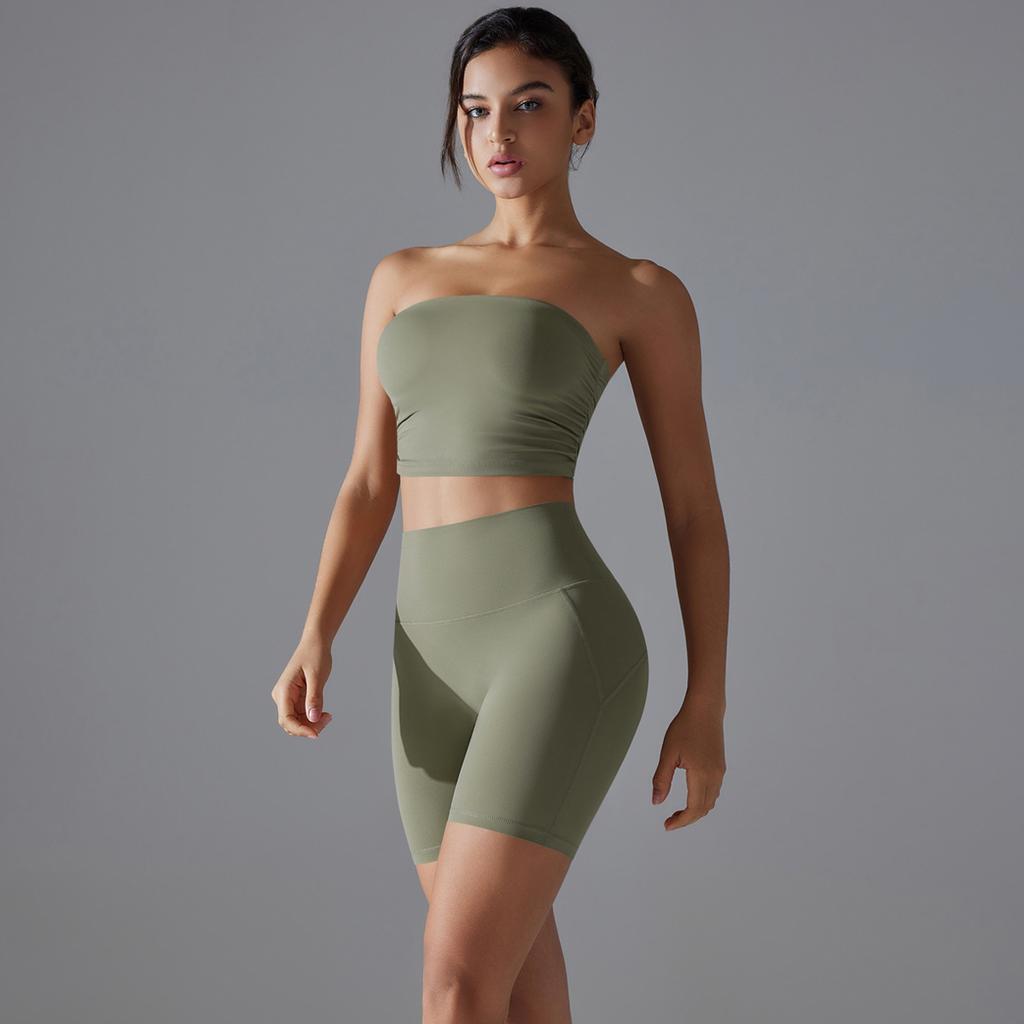 Новый цельный спортивный бюстгальтер с противоскользящим покрытием, антибликовый, комплект для йоги без бретелей, базовый, фитнес-шорты, комплект из двух частей