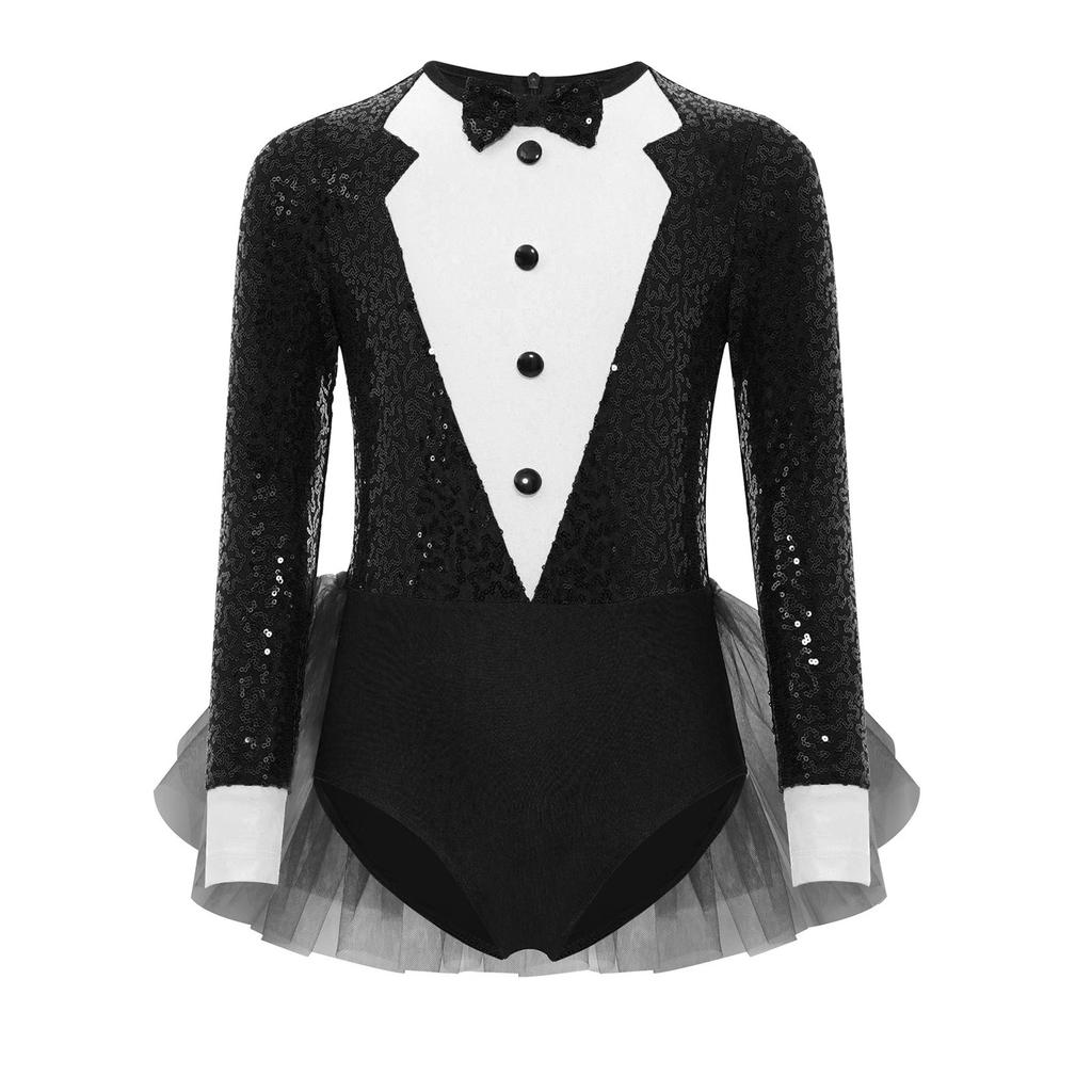Girls Jazz Dance Costume Sparkly Sequins Bodice Tulle Skirted Leotard Long Sleeve Back Invisible Zipper Bodysuit
