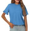 Ladies Summer Solid Color Short Sleeve Ruffle Round Neck T-Shirt