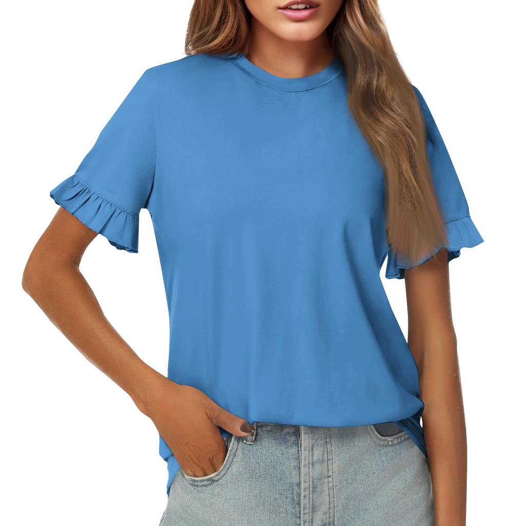 Ladies Summer Solid Color Short Sleeve Ruffle Round Neck T-Shirt