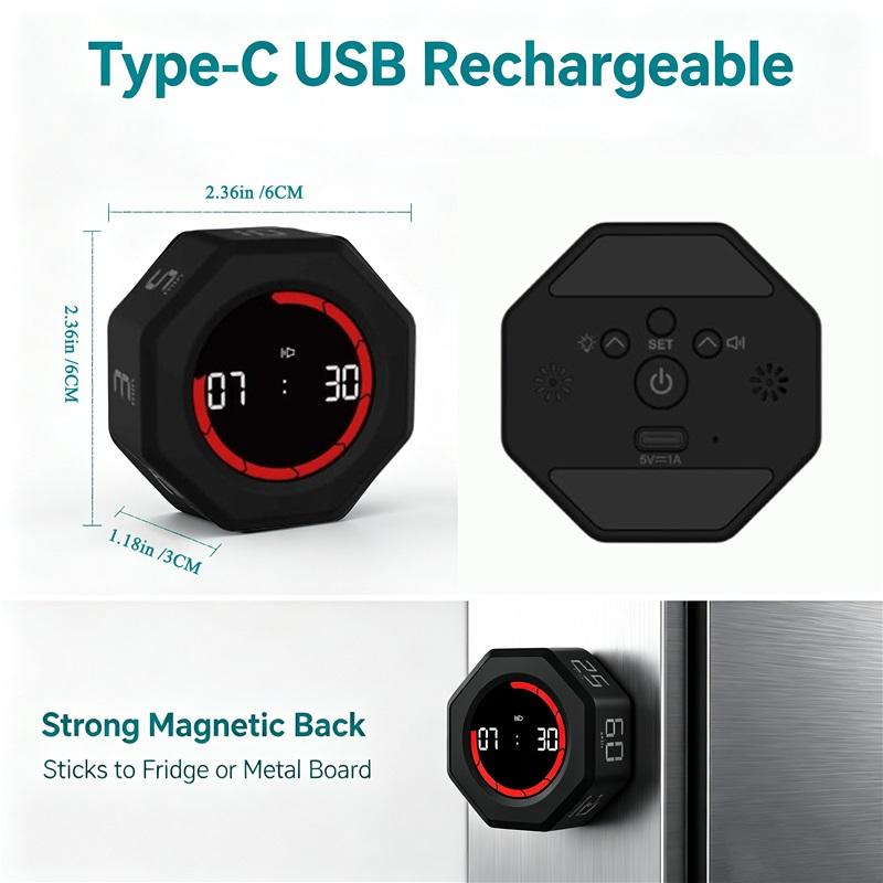 Flip Pomodoro Timer Gravity Sensor LED Productivity Timer USB-C Rechargeable Countdown 3/5/10/25/60 Timer for Work Study Kitchen