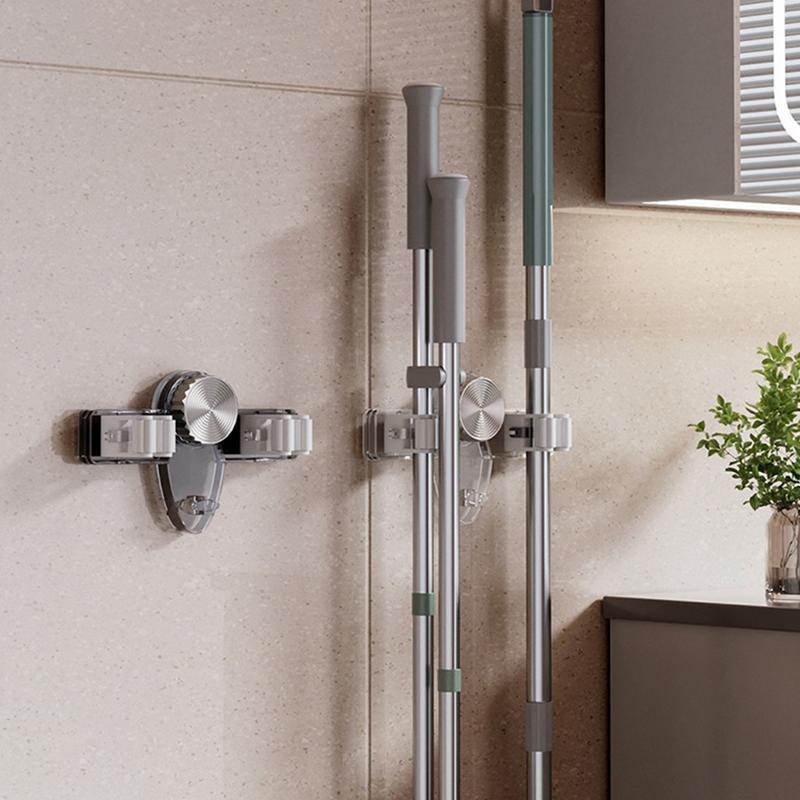 Suction Cup Mop Clamp Wall-Mounted Hanging Bathroom Broom 2 Hanger Hook Non Punching Self-adhesive Mop Gripper
