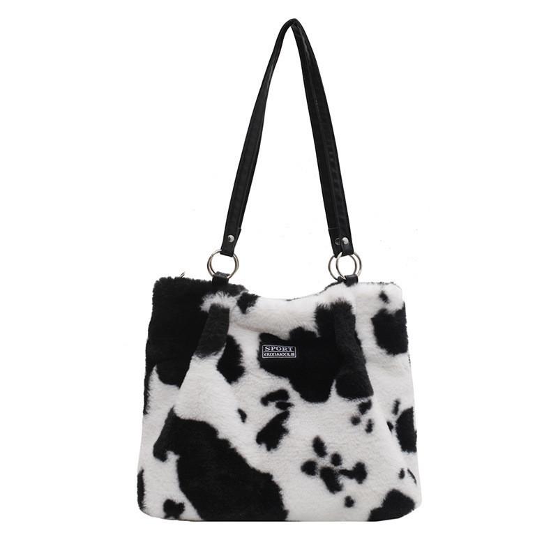 Cute Plush Cartoon Crossbody Bag Stylish Urban Large Tote Bag For Women In White And Striped Cow Print
