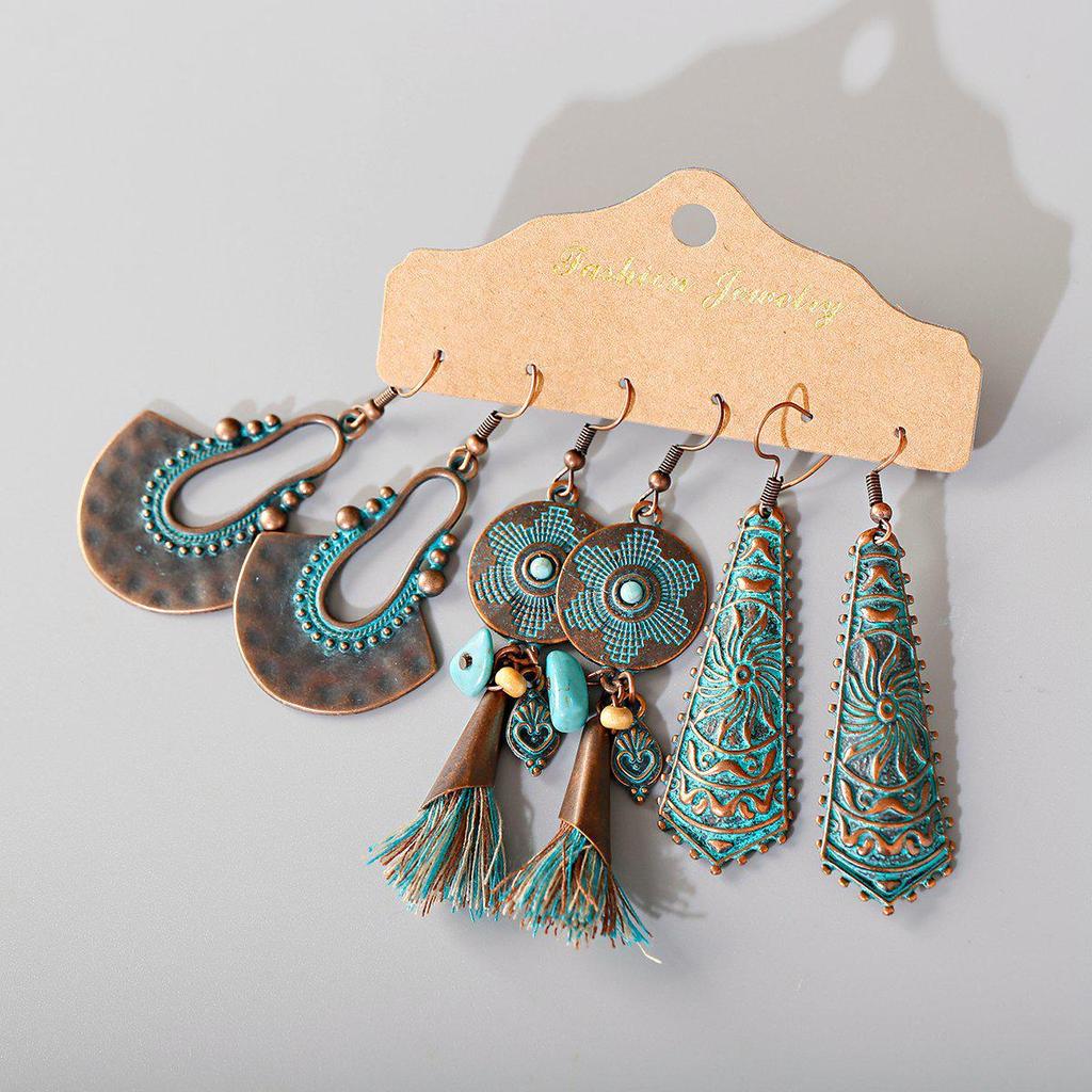 Bohemian Ethnic Retro Earring Set: 3-Piece Hanfu & Nepal Style for Women