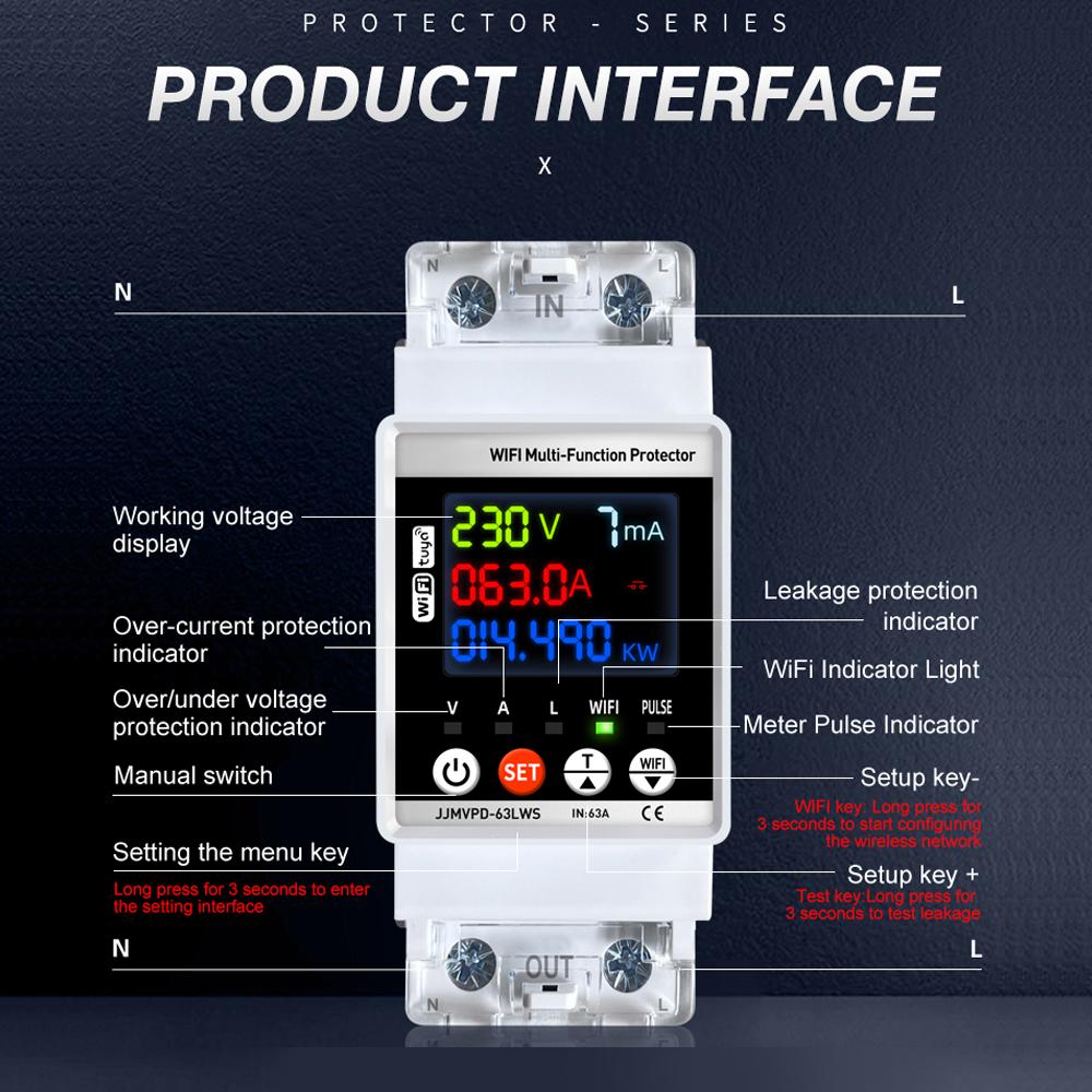Tuya WiFi Energy Meter, 63A Multifunction Smart Energy Meter Circuit Breaker Overcurrent Protection