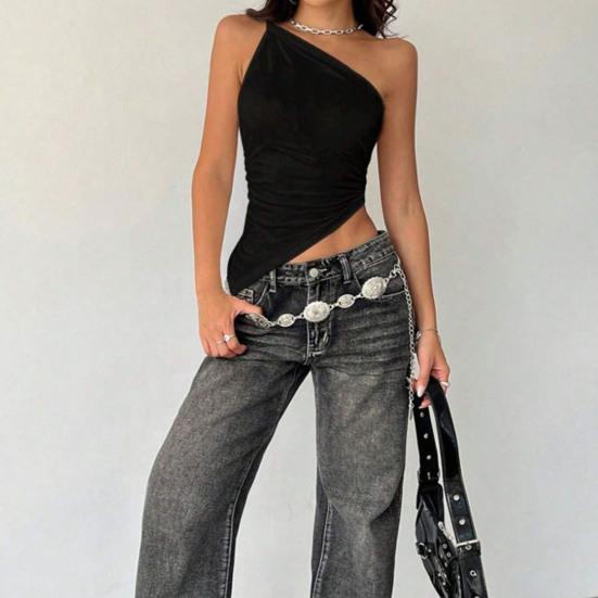 Women Tops Irregular Hem Elastic Slanted Collar One-Shoulder Slim Fit Solid Color Summer Tops