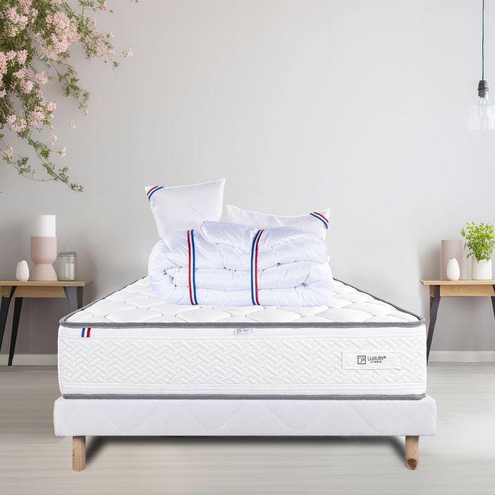 Mattress Set 140x190 Cm, Iris, 20 Cm, Memory Foam, Firm, Summer/winter Side + White Base 13 Cm Thick + 2 Pillows + Duvet