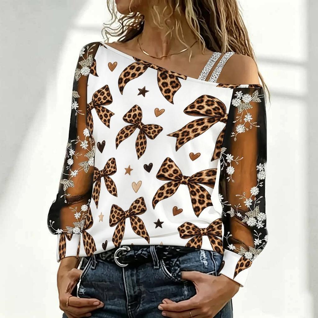 Women Plus Size Off Shoulder Long Sleeve Top Leopard Cowboy Boot Print Mesh Floral Blouse