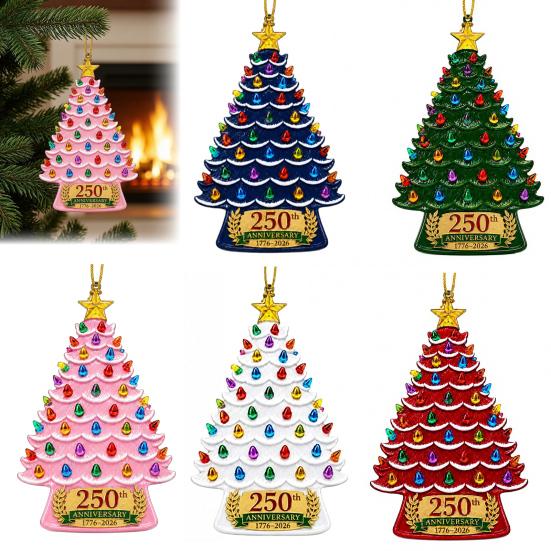 Decorative Wall Hanging 5 Pcs 2D Flat 250 Anniversary USA Christmas Tree Ornament, Year Personalized Xmas Gifts of America 1776-2026 Acrylic Patriotic
