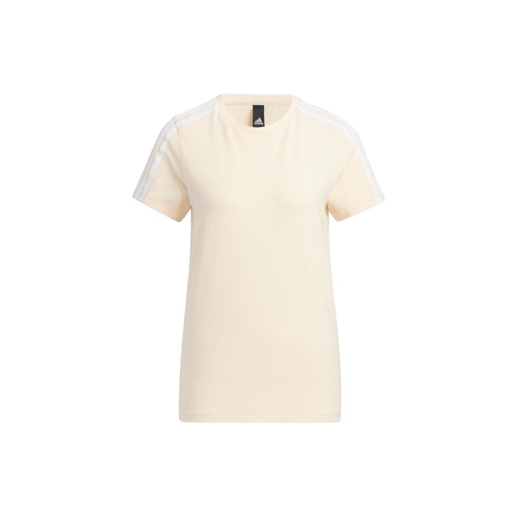 Adidas Three Stripe Sports Training Casual Cotton Soft Crew Neck Short Sleeve T-Shirt Women T-Shirts Beige HM7084