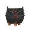 Blue Glaze Flower-Inlaid Triple-Legged Incense Burner - Double Ear Antique Display Piece