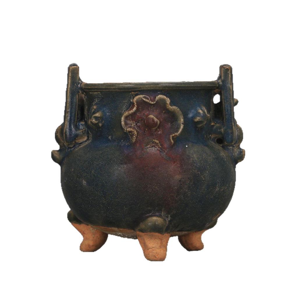 Blue Glaze Flower-Inlaid Triple-Legged Incense Burner - Double Ear Antique Display Piece