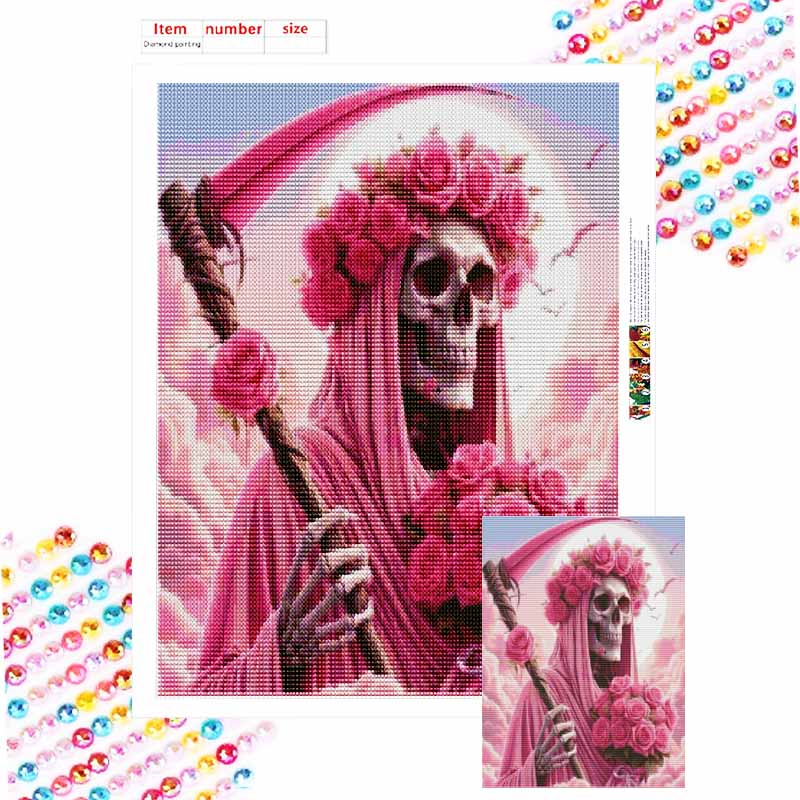 Pink Rose Floral Reaper 5D Diamond Art Full Drill Painting Kit Halloween Diamond Painting Home Decor Crafts for Wall Art DIY Gift