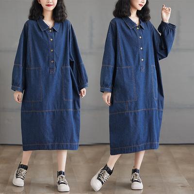 Плюс размер 2024 осень женщины новое джинсовое платье повседневное пуговицы винтажное свободное платье большого размера с длинным рукавом базовое