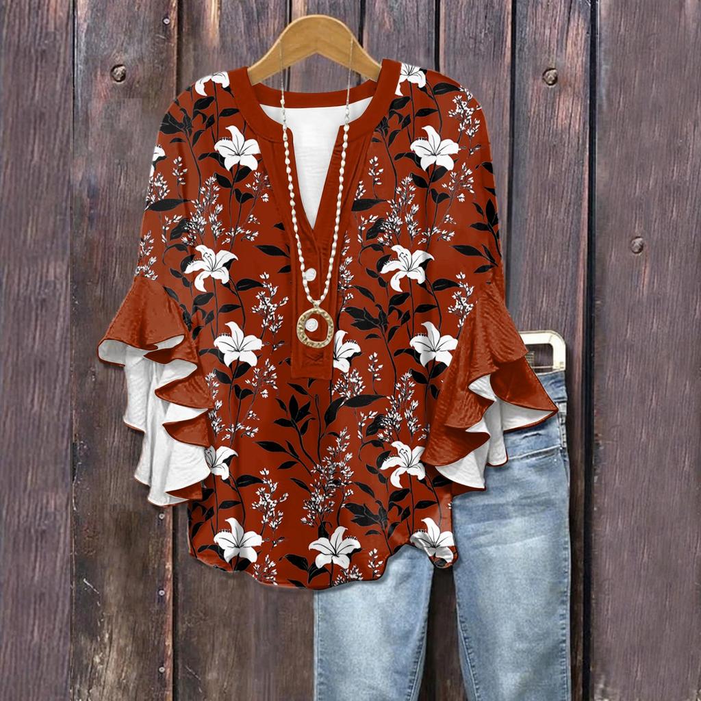 Летние топы для женщин, симпатичные блузки с V-образным вырезом и рукавом 3/4, повседневные рубашки с цветочным принтом