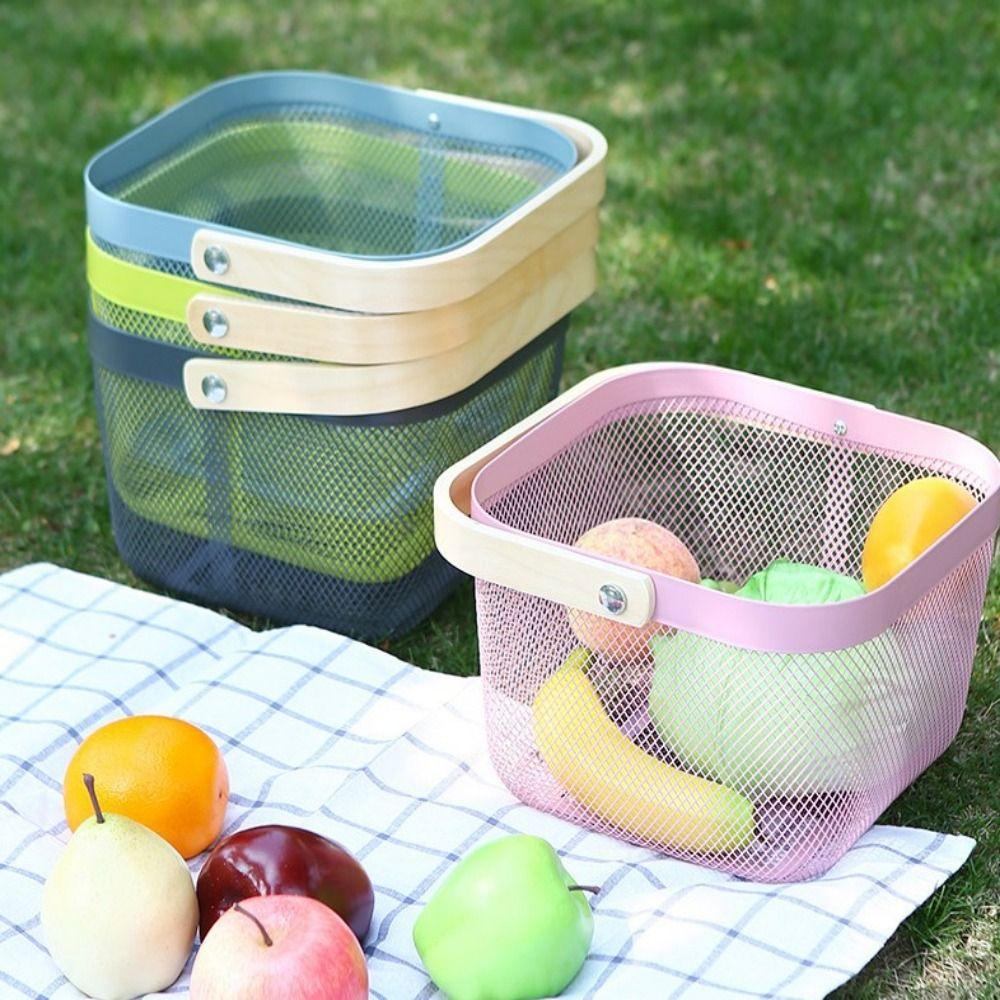 Solid Color Storage Organizer Basket Bamboo Handle Hanging Kitchen Baskets Picnic