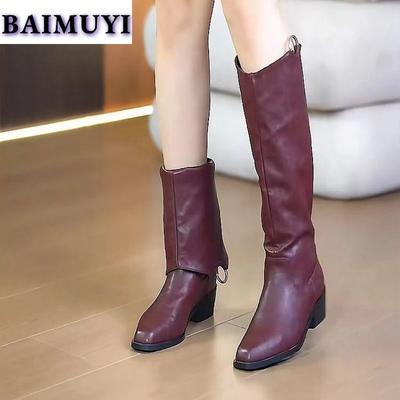 Модные женские сапоги на среднем каблуке до колена, кожаные туфли, 2025, брендовые зимние новые ретро-ботинки «Челси», массивные готические туфли-лодочки Botas Mujer