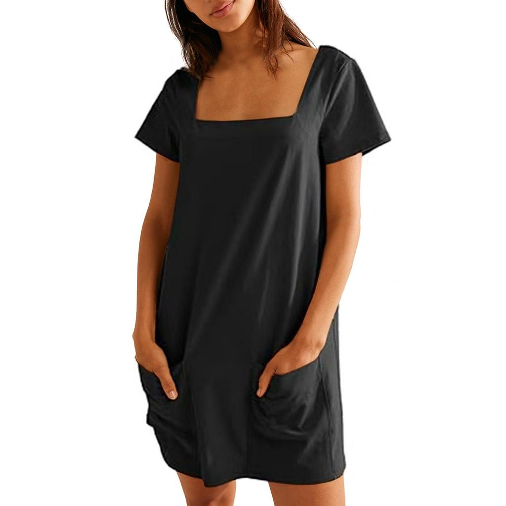 Женское однотонное повседневное платье с квадратным воротником и короткими рукавами, юбкой и карманом