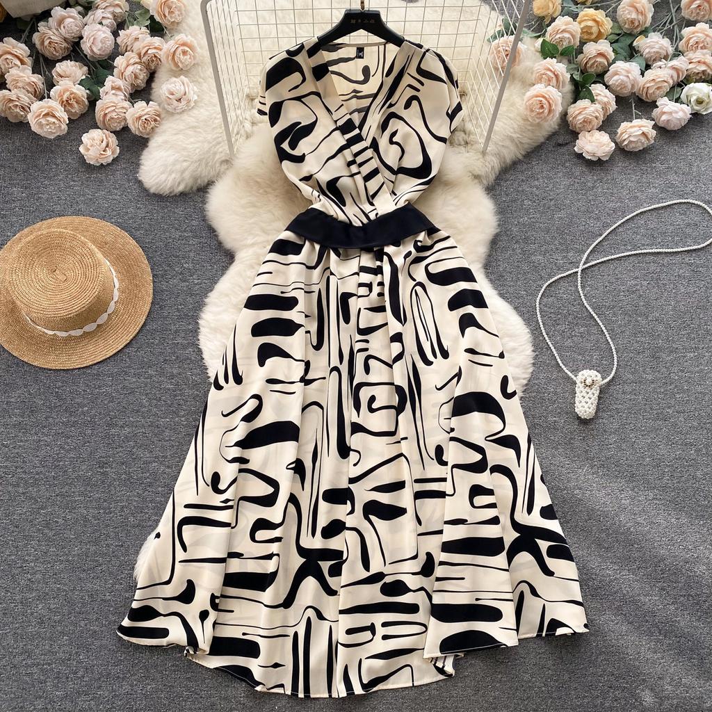 Summer Vintage Women Print Long Dress Elegant V-Neck Sleeveless High Waist A-Line Maxi Vestidos Female New Fashion Robe
