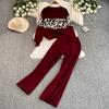 Autumn Winter Designer Print Leopard Knitted Sweater Trouser Two Piece Set Women O-neck Pullover Tops And Ankle Length Pants Suit