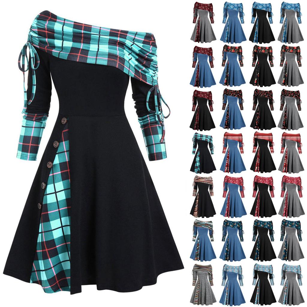 Платье с трансформируемым вырезом в полоску и расклешенным силуэтом с длинными рукавами для женщин